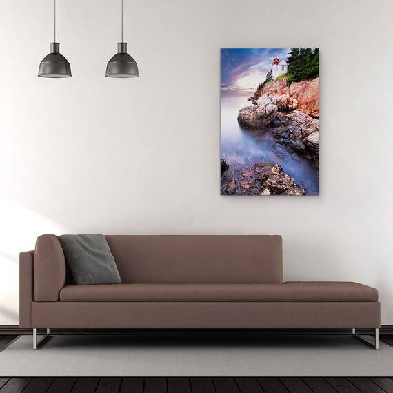 Tablou Canvas - Apus De Soare La Farul Bass Harbor, Rasarit De Soare, Peisaj Marin, Stanca, Roci, Albastru, Marime: 60 x 90 cm - 2- Roveli