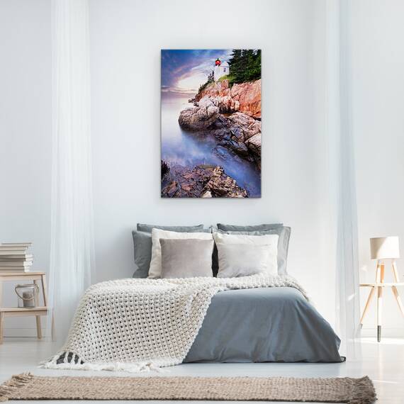 Tablou Canvas - Apus De Soare La Farul Bass Harbor, Rasarit De Soare, Peisaj Marin, Stanca, Roci, Albastru, Marime: 60 x 90 cm - 3- Roveli