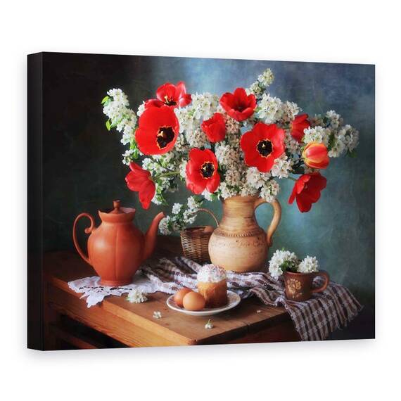 Tablou Canvas - Natura Moarta Cu Flori De Primavara, Lalele, Marime: 60 x 80 cm - - Roveli