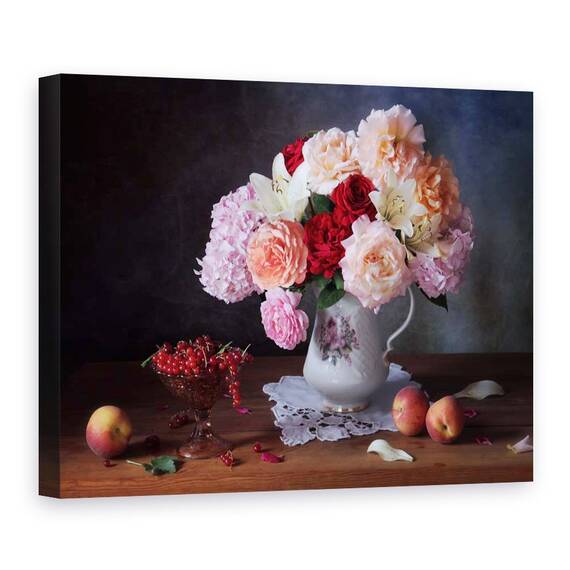 Tablou Canvas - Natura Moarta Cu Trandafiri si Fructe De Padure, Marime: 60 x 80 cm - - Roveli