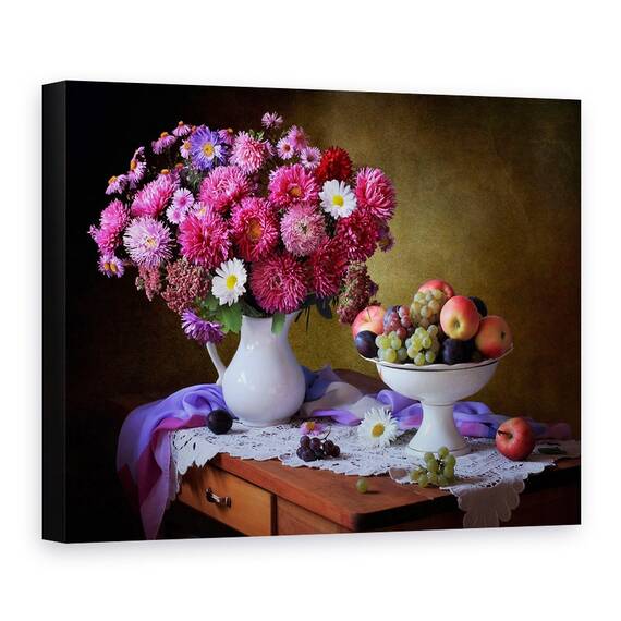 Tablou Canvas - Natura Moarta Cu Un Buchet De Asteri si Fructe, Bol De Fructe, Mar, Marime: 50 x 70 cm - - Roveli