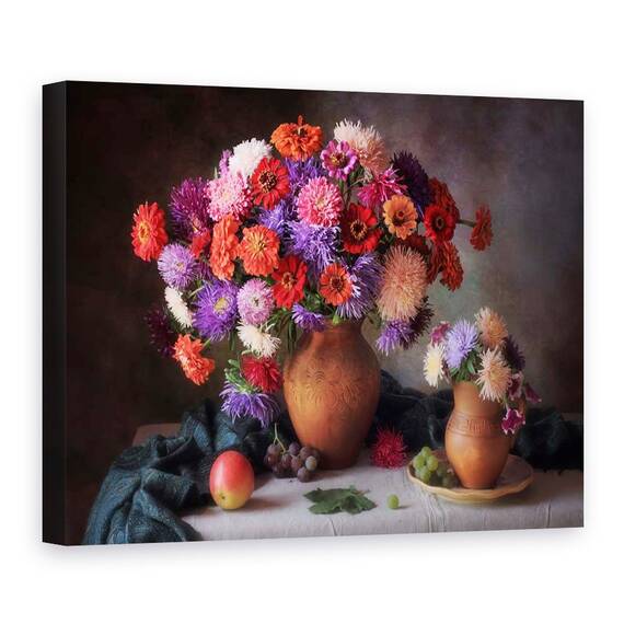 Tablou Canvas - Natura Moarta  Cu Un Buchet De Asteri si Zinnia, Marime: 50 x 70 cm - - Roveli