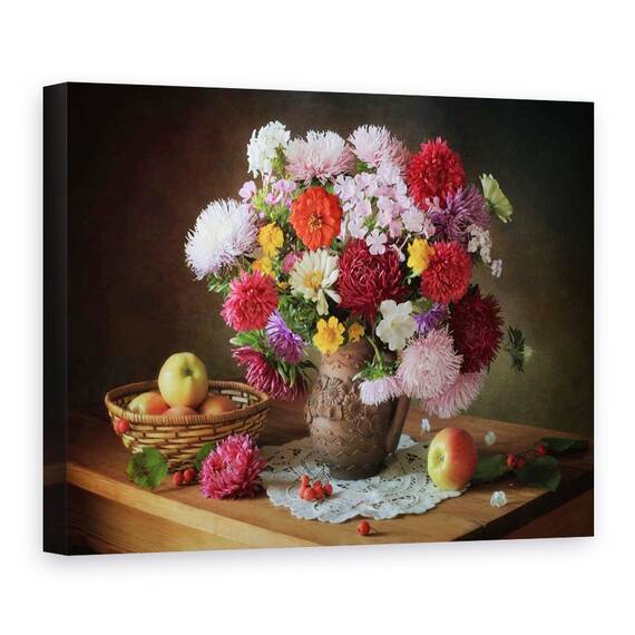 Tablou Canvas - Natura Moarta Cu Un Buchet De Flori si Mere, Marime: 50 x 70 cm - - Roveli