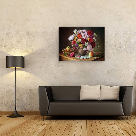 Tablou Canvas - Natura Moarta Cu Un Buchet De Flori si Mere, Marime: 50 x 70 cm - 2- Roveli