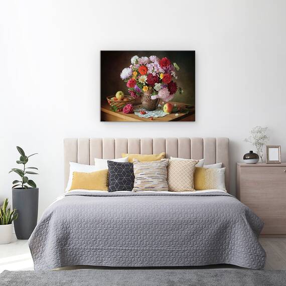 Tablou Canvas - Natura Moarta Cu Un Buchet De Flori si Mere, Marime: 50 x 70 cm - 3- Roveli