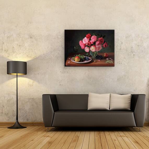 Tablou Canvas - Natura Moarta Cu Un Buchet De Trandafiri si Fructe, Fructe, Marime: 60 x 80 cm - 2- Roveli