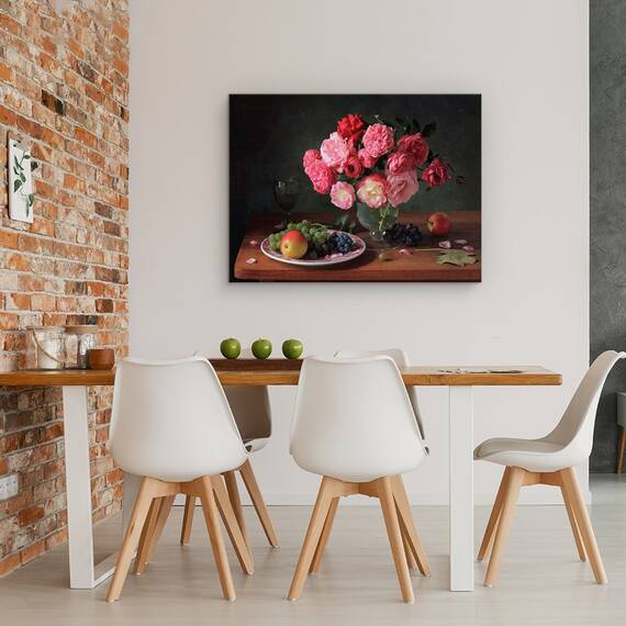 Tablou Canvas - Natura Moarta Cu Un Buchet De Trandafiri si Fructe, Fructe, Marime: 60 x 80 cm - 4- Roveli
