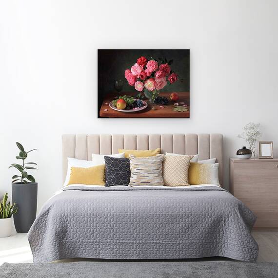 Tablou Canvas - Natura Moarta Cu Un Buchet De Trandafiri si Fructe, Fructe, Marime: 50 x 70 cm - 3- Roveli