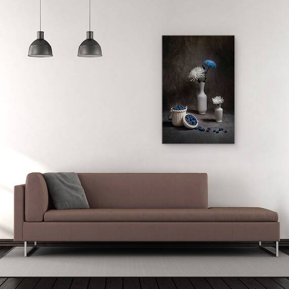 Tablou Canvas - Natura Statica Cu Afine, Flori, Albastru, Coacaze, Alb, Vaza, Marime: 60 x 90 cm - 2- Roveli