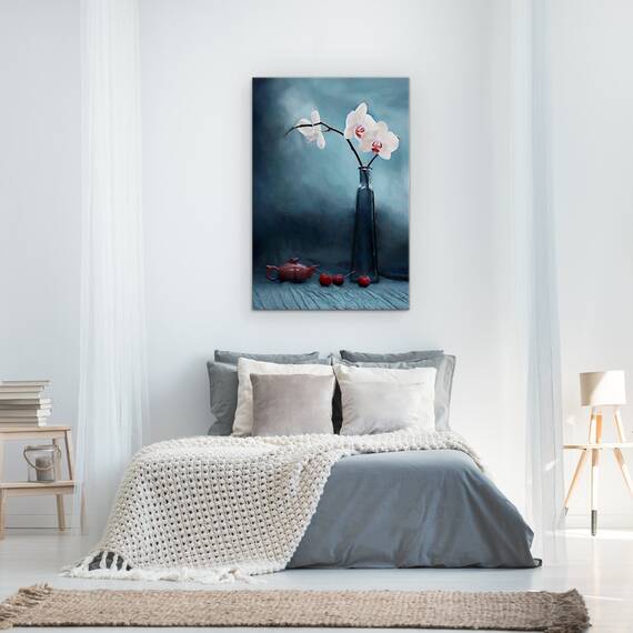 Tablou Canvas - Orhidee Si Cirese, Orhidee, Cirese, Floare, Fructe, Viata, Marime: 60 x 90 cm - 3- Roveli