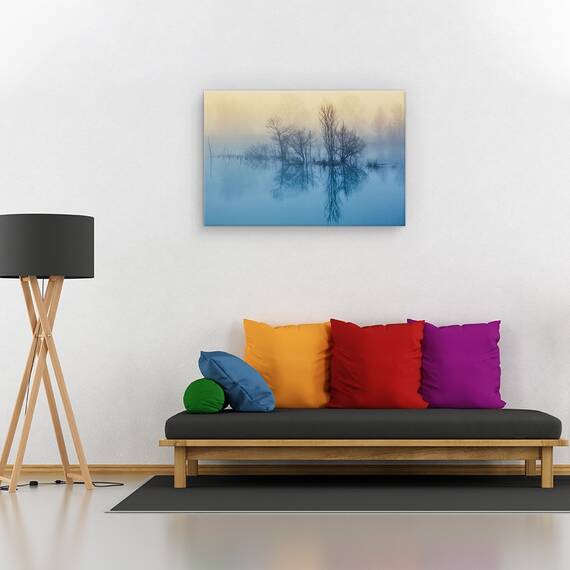 Tablou canvas - Reflectie matinala, Peisaj, Lac, Ceata, Albastru, Marime: 40 x 60 cm - 2- Roveli