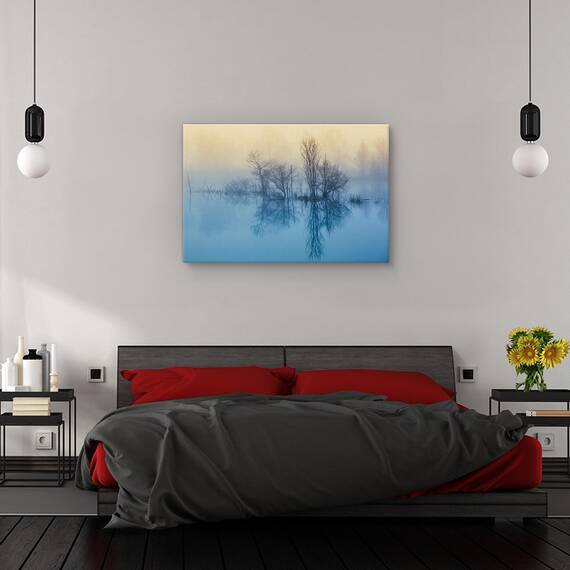 Tablou canvas - Reflectie matinala, Peisaj, Lac, Ceata, Albastru, Marime: 40 x 60 cm - 3- Roveli