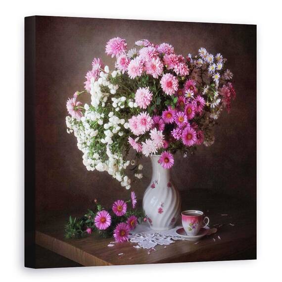 Tablou Canvas - Un Buchet De Crizanteme, Roz, Vaza, Cana, Ceai, Cafea, Marime: 60 x 60 cm - - Roveli