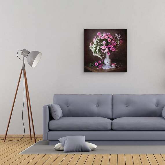 Tablou Canvas - Un Buchet De Crizanteme, Roz, Vaza, Cana, Ceai, Cafea, Marime: 60 x 60 cm - 2- Roveli