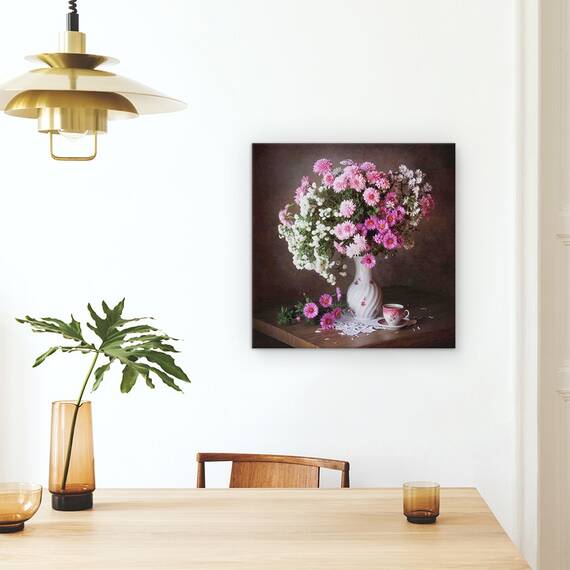 Tablou Canvas - Un Buchet De Crizanteme, Roz, Vaza, Cana, Ceai, Cafea, Marime: 60 x 60 cm - 4- Roveli