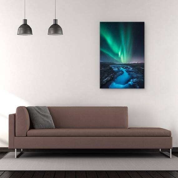 Tablou Canvas - Verde Vs Albastru, Noapte, Aurora Borealis, Stea, Cascada, Rau, Marime: 60 x 90 cm - 2- Roveli