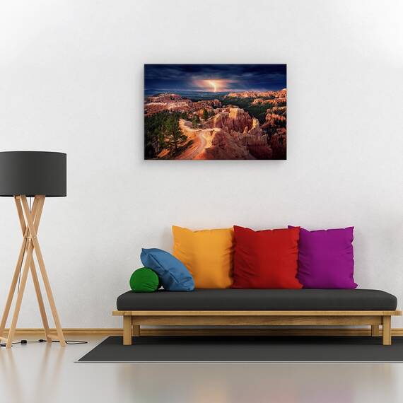 Tablou canvas - Fulger peste canionul Bryce, Peisaj, Portocaliu, Furtuna, Orizont, Marime: 60 x 90 cm - 2- Roveli