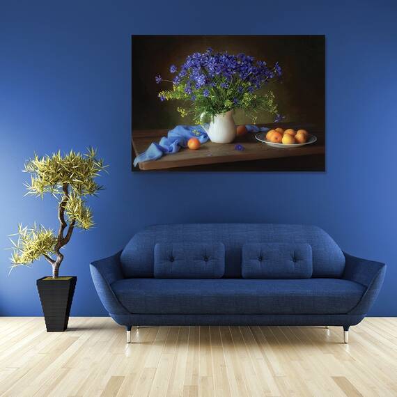Tablou Canvas - Natura Moarta Cu Albastrea si Caisele, Blue, Buchet, Floare, Marime: 30 x 40 cm - 2- Roveli