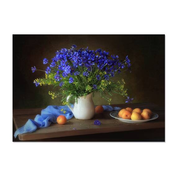 Tablou Canvas - Natura Moarta Cu Albastrea si Caisele, Blue, Buchet, Floare, Marime: 75 x 100 cm - - Roveli