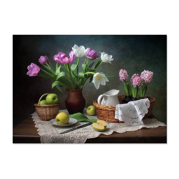 Tablou Canvas - Natura Moarta Colorata 5, Mere, Floare, Cos, Marime: 50 x 70 cm - - Roveli