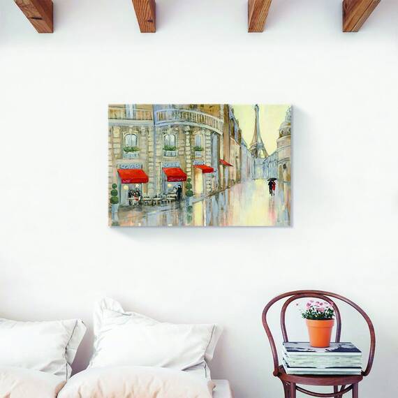 Tablou Canvas - Franta, Paris, Oras, Cladiri, Turnul Eiffel, Oameni, Umbrela, Pictura, Marime: 60 x 90 cm - 2- Roveli