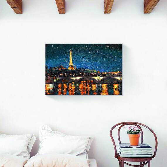 Tablou Canvas - Parisul in timpul noptii I, Oras, Lumini, Franta, Pod, Rau, Punte, Marime: 40 x 60 cm - 2- Roveli