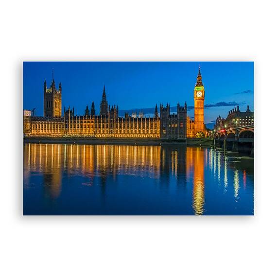Tablou Canvas - Cladirea Parlamentului noaptea, Londra, Albastru, Galben, Big Ben, Marime: 40 x 60 cm - - Roveli