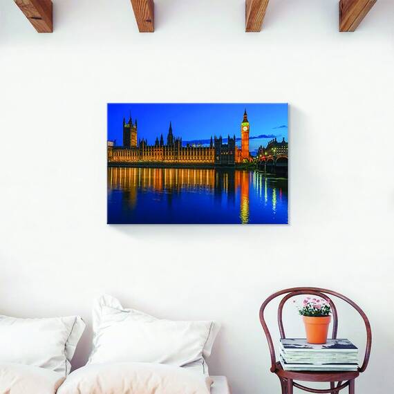 Tablou Canvas - Cladirea Parlamentului noaptea, Londra, Albastru, Galben, Big Ben, Marime: 40 x 60 cm - 2- Roveli