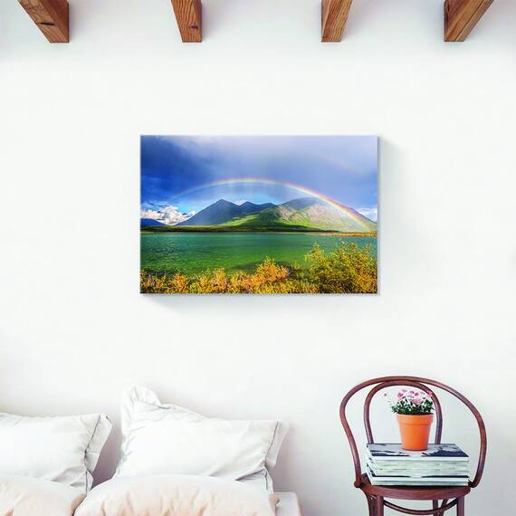Tablou Canvas - Curcubeu in Yukon, Lac, Insula, Munti, Munte, Marime: 40 x 60 cm - 2- Roveli