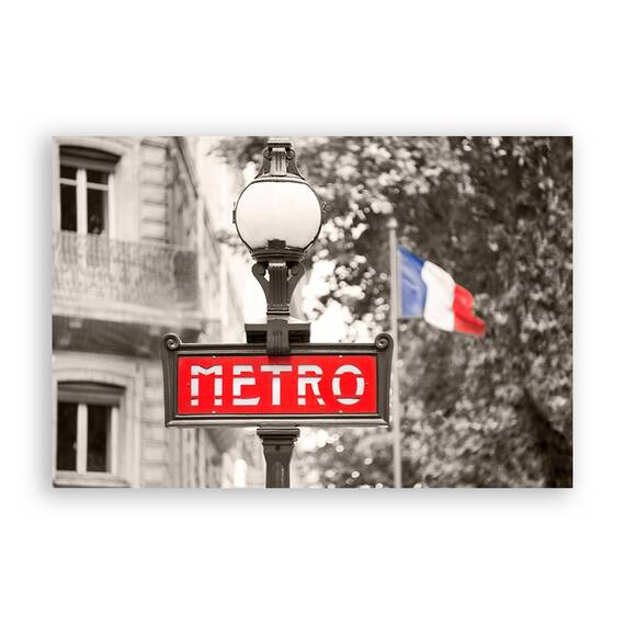 Tablou Canvas - Paris Metrou, Steag, Franta, Alb negru, Marime: 60 x 90 cm - - Roveli