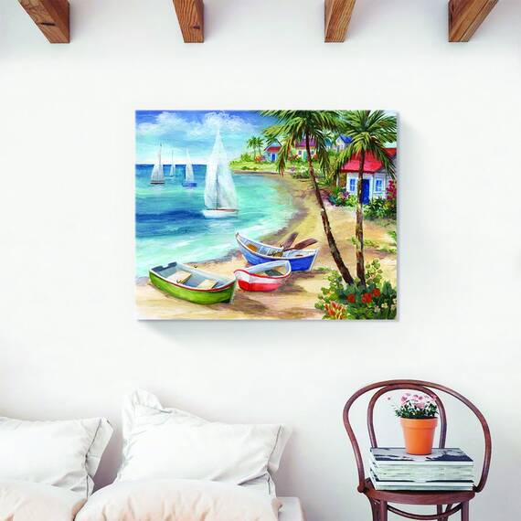 Tablou Canvas - Peisaj, Natura, Plaja, Mare, Valuri, Nisip, Barca, Palmieri, Vara, Marime: 40 x 50 cm - 2- Roveli