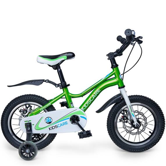 Bicicleta pentru copii 5-8 ani HappyCycles KidsCare, roti 16 inch, cu roti ajutatoare si frane pe disc, verde - - Roveli