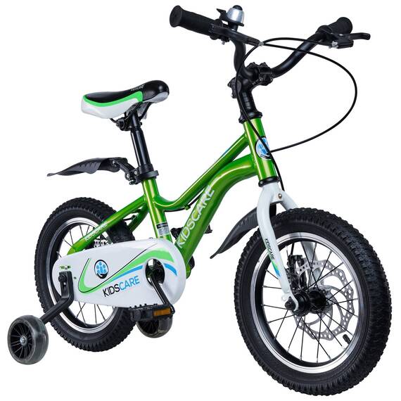Bicicleta pentru copii 5-8 ani HappyCycles KidsCare, roti 16 inch, cu roti ajutatoare si frane pe disc, verde - 2- Roveli