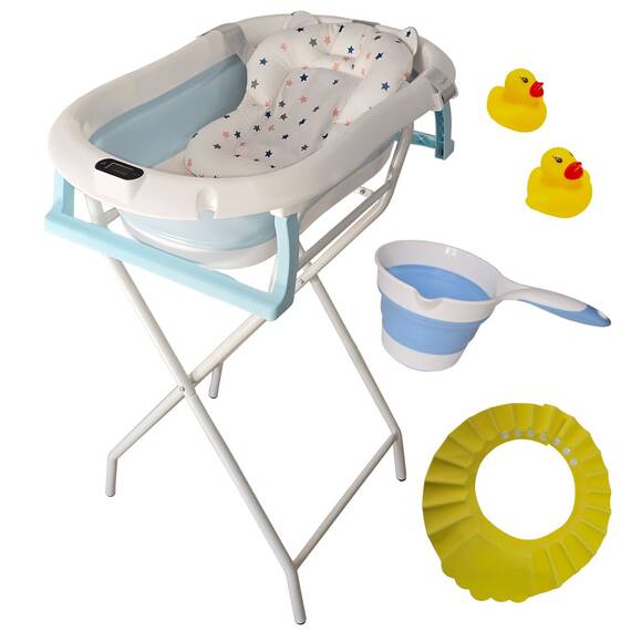 Cadita pliabila bebelusi albastra, suport metalic KidsCare, termometru, perna reductor, jucarii, protectie cap, cana pliabila - - Roveli
