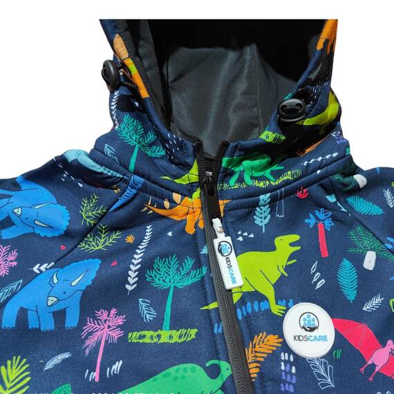 Salopeta pentru copii din material softshell Kidscare, cu protectie la vant si ploaie cu imprimeu Dinozauri navy - 3- Roveli