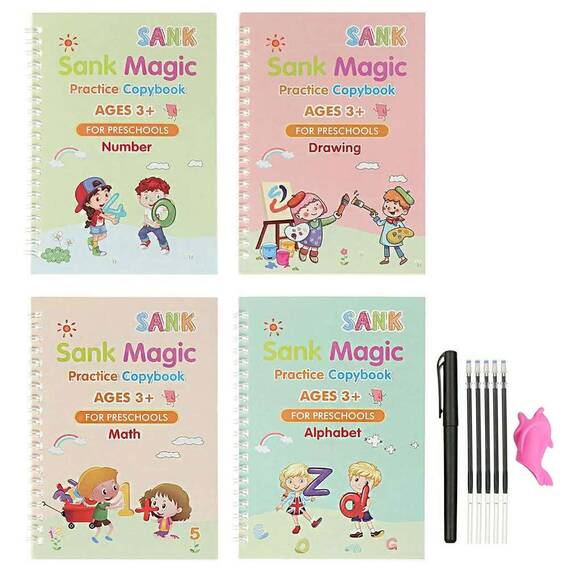 Set cu 4 caiete de lucru si stilou magic pentru scris si desenat Sank Magic, rechizite scolare, multicolor, 19 cm X 13 cm - - Roveli