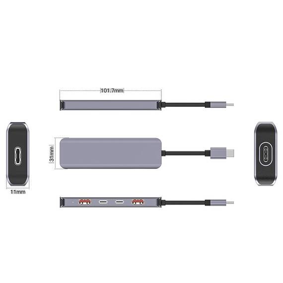 HUB 5 IN 1 10 GBS USB-C PD 100W ALUMINIU PLATINET - 3- Roveli