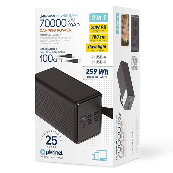 POWER BANK 70000MAH PD 20W 4 USB-A / 2 USB-C PLATINET - 5- Roveli