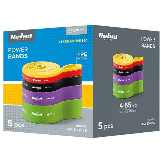SET 5 BENZI ELASTICE TPE POWER BAND 4-55KG REBEL ACTIVE - 10- Roveli