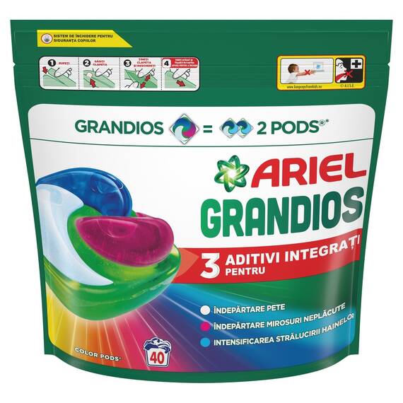 Detergent de rufe capsule Ariel Grandios Allin1 PODS Color, 40 spalari, 40 bucati, rufe colorate, putere dubla de curatare, 3 aditivi integrati pentru indepartare pete, mirosuri neplacute si stralucirea hainelor, dizolvare rapida in apa rece - - Roveli