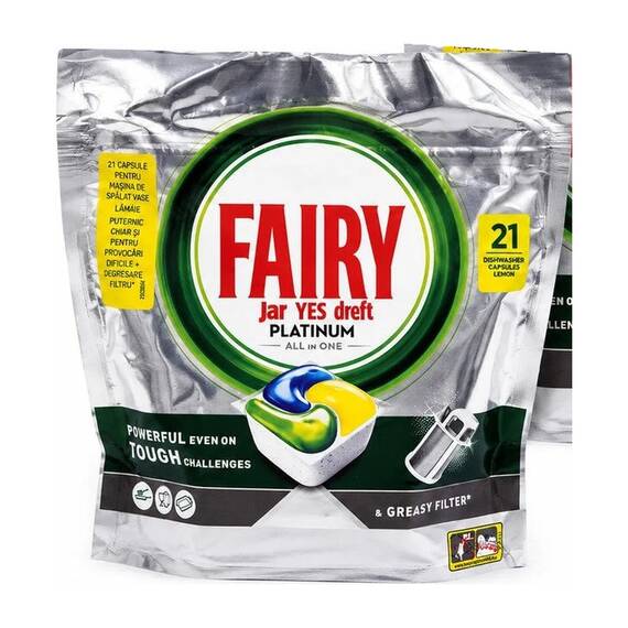 Detergent capsule pentru masina de spalat vase Fairy Platinum All in One Lemon, 21 bucati, 21 spalari, parfum de lamaie, indeparteaza grasimea incapatanata, curata filtrul, eficient si in cicluri scurte, dizolvare rapida - - Roveli