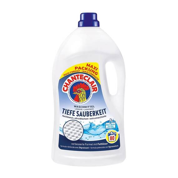 Detergent de rufe lichid Chanteclair Curatare Profunda, 3.6 l, 80 spalari, indeparteaza petele dificile, formula potentata cu degresant, activ la rece, toate tipurile de tesaturi, pentru masina de spalat automata, format maxi - - Roveli