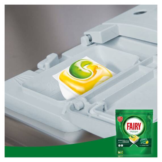 Detergent capsule pentru masina de spalat vase Fairy Original All in One Lemon, 90 bucati, 90 spalari, Giga Pack, parfum de lamaie, curatare impecabila de la prima utilizare, eficient pe grasimea intarita, dizolvare rapida, fara urme - 4- Roveli