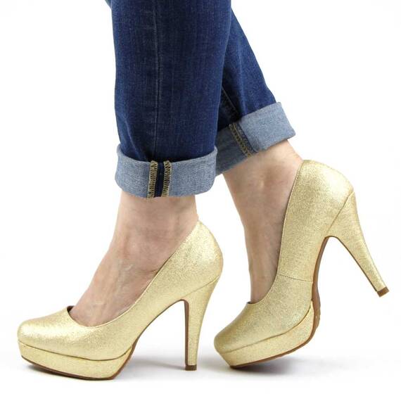 Pantofi eleganti de dama cu platforma,toc inalt si varf rotunjit A8-6-GOLD, Marime (12): 40 - - Roveli