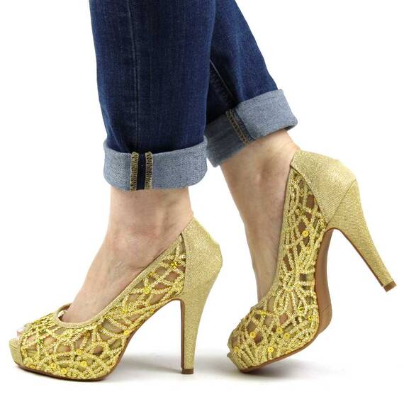 Pantofi de dama eleganti cu platforma si toc inalt, cu paiete si insertii aurii A1281-GOLD, Marime (12): 37 - - Roveli
