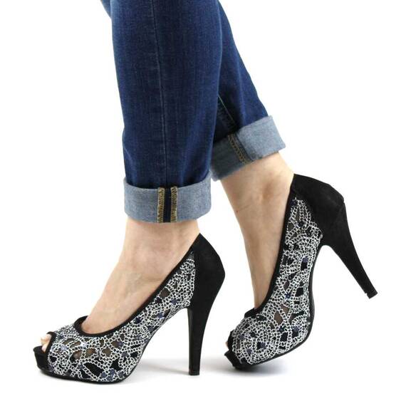 ​Pantofi de dama eleganti cu platforma si toc inalt, cu paiete si insertii stralucitoare A1281-BLACK, Marime (12): 37 - - Roveli