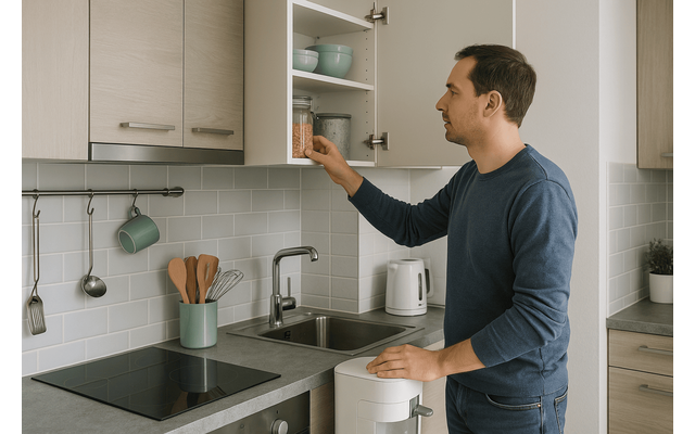 Adult arranging compact kitchen storage or using a small appliance in a real kitchen related to: Mobila bucatarie