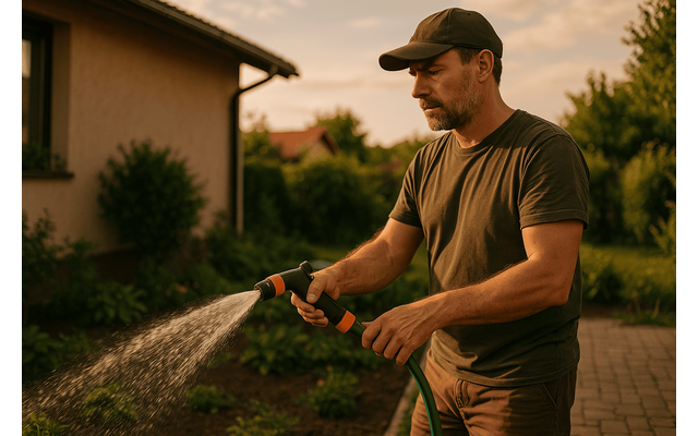 Adult actively using a garden hose, tool, or outdoor equipment in a backyard related to: Casa & Gradina