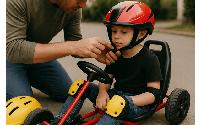Parent doing a safety check before child uses a go-kart related to: siguranta karturi pentru copii reguli de utilizare