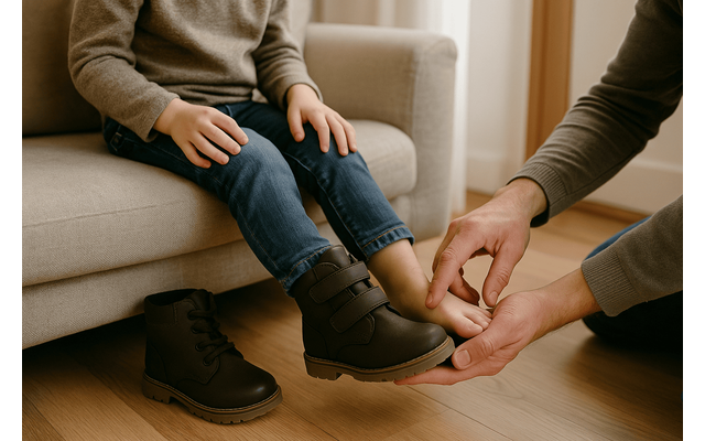 Adult care verifică potrivirea unei ghete în piciorul unui copil